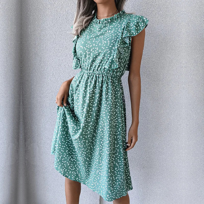 Women's Vintage Butterfly Sleeve Ruffles Heart Dot Print Medium Long Chiffon Spring Summer Dress