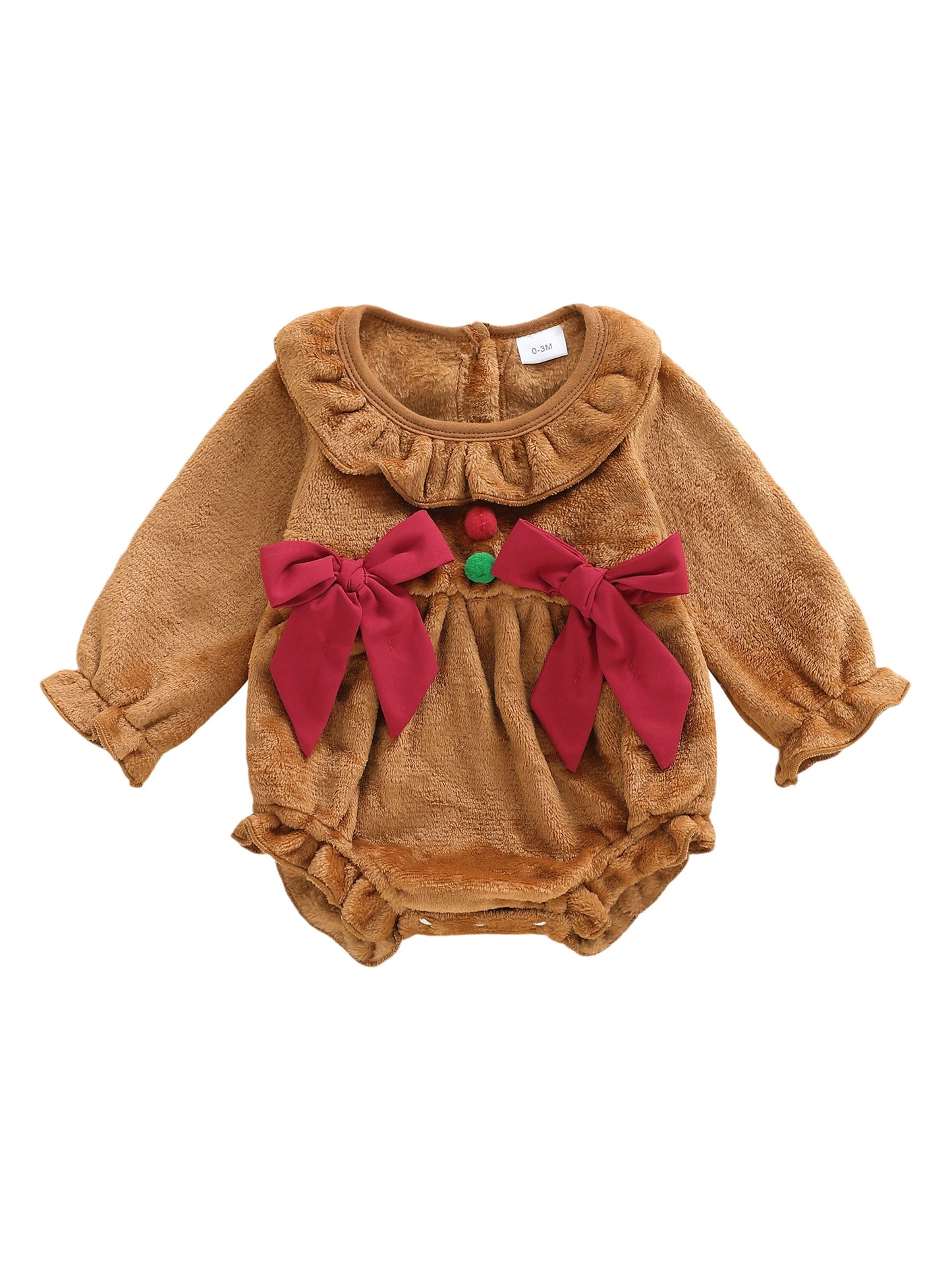 Baby Girls Christmas Romper - Plush Gingerbread Costume with Bow Detail