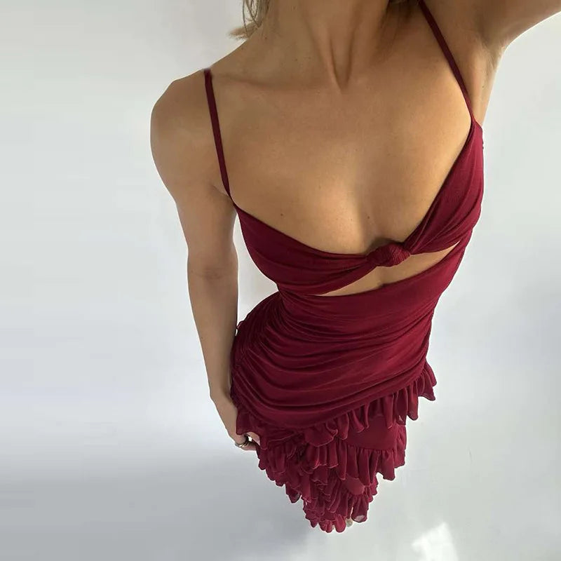 Women's Tierred Ruched Backless Mesh Sheer Maxi Front Cut Out Side Split Dress