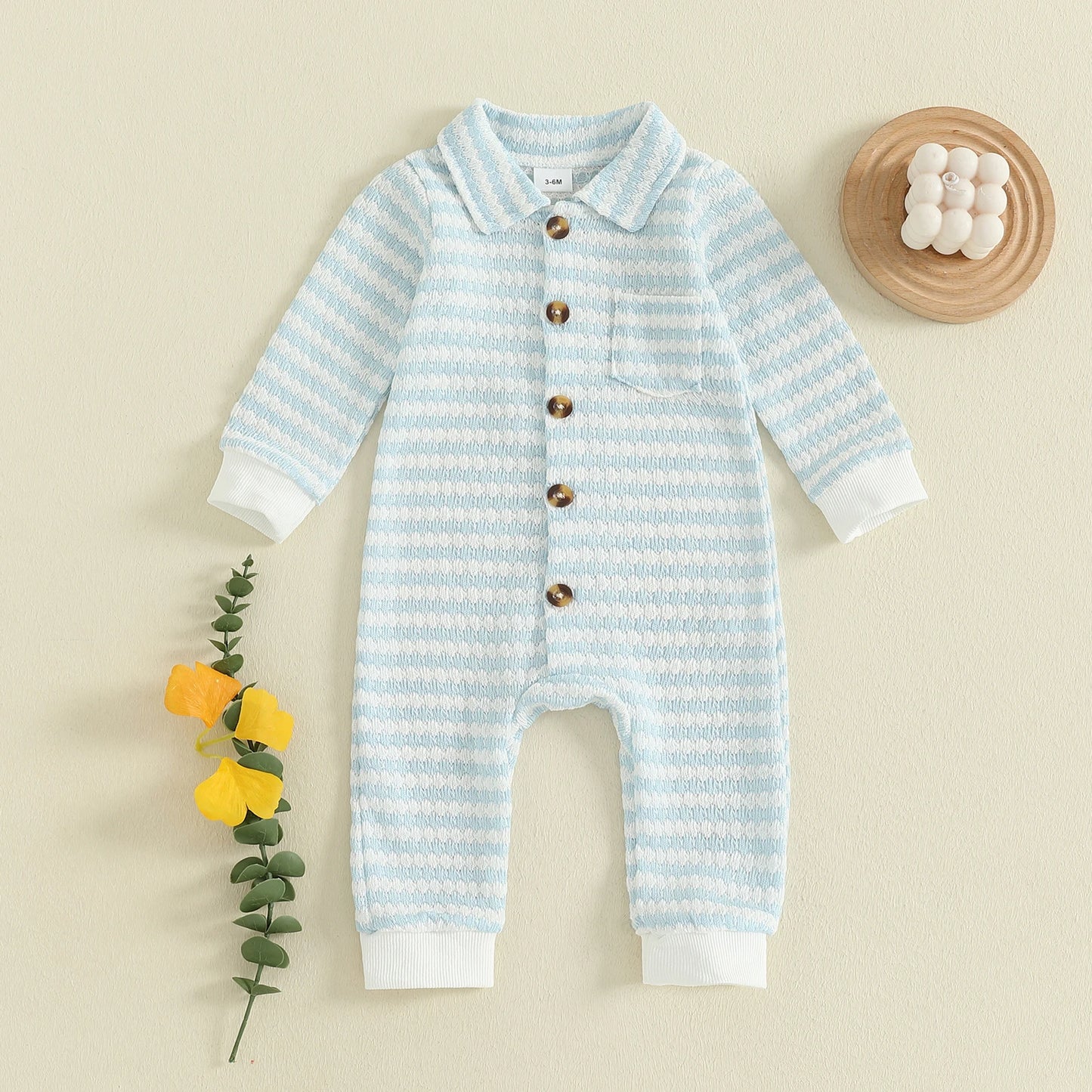 Newborn Baby Fall Winter Jumpsuit Set - Striped Turn-Down Collar Romper & Pants (0-18M)