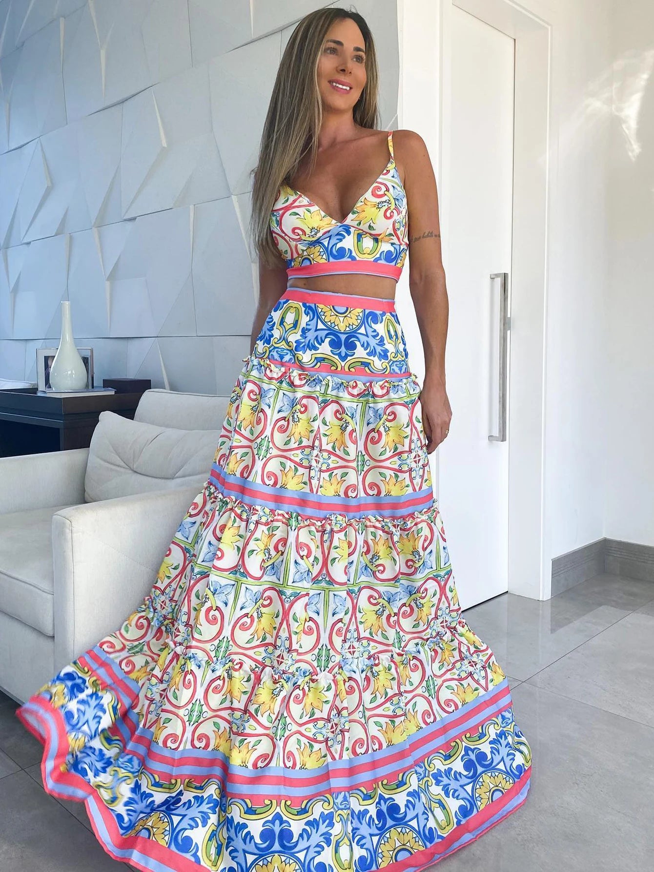 Women's Print Beach Two Piece Skirt White Bra High Waist A-line Long Skirt Beach Set