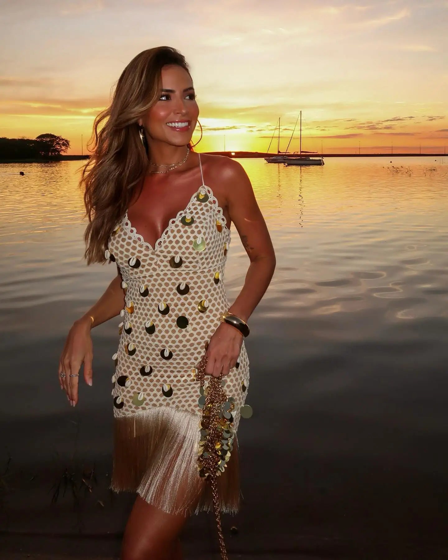 Women's Tassel Detail Mini Dress - Deep V Sleeveless Party Dress with Zipper
