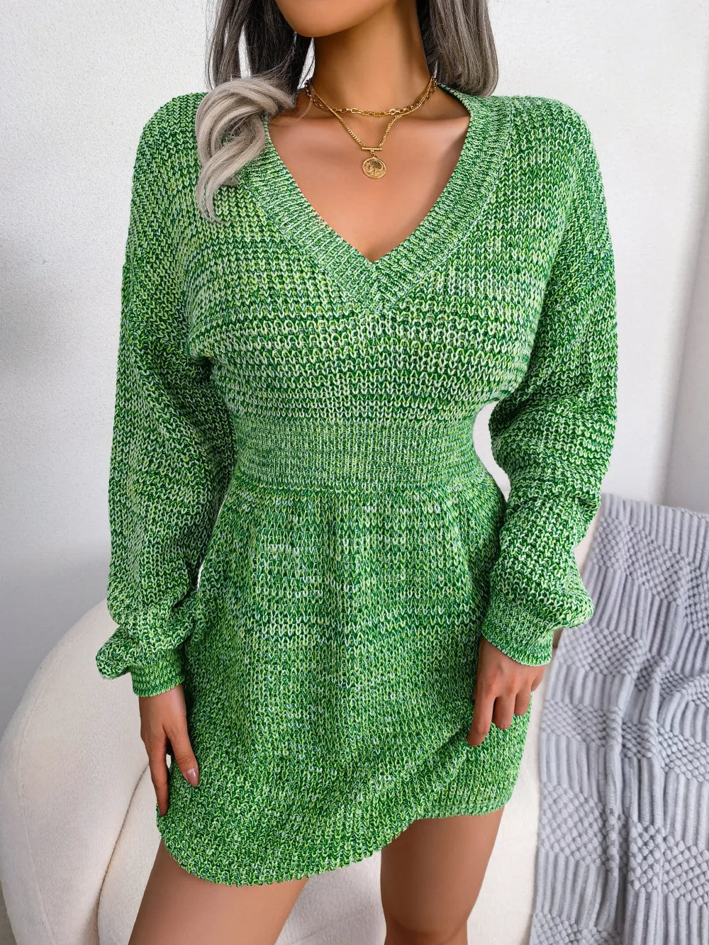 Women's Autumn Winter V Neck Lantern Sleeve Nipped High Waist Sweater Chic Knitted Dress