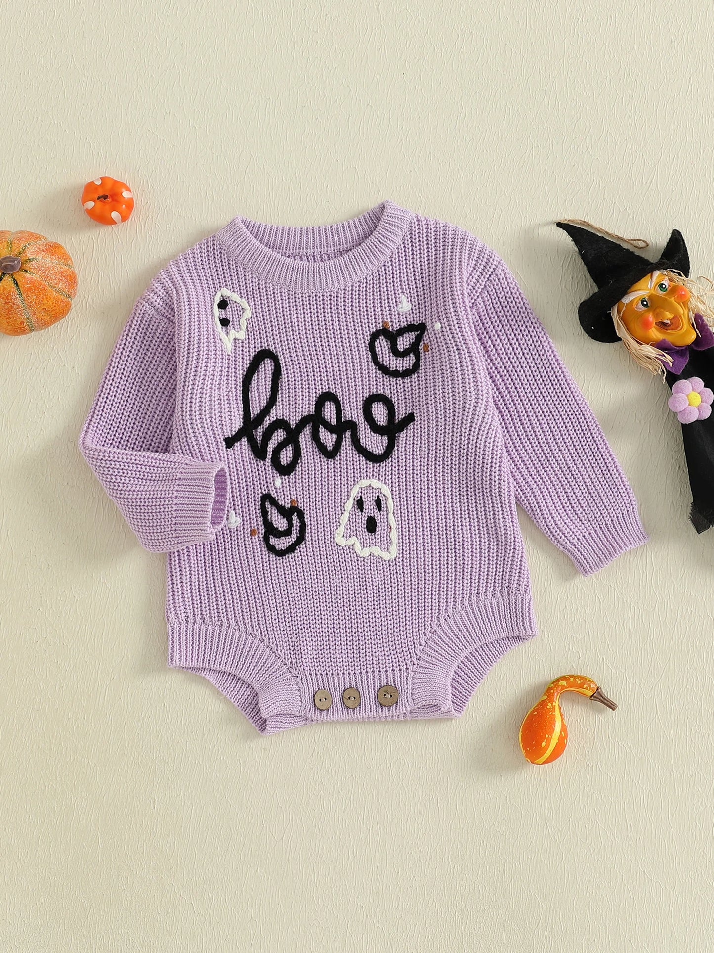 Newborn Baby Halloween Sweater Romper - Ghost Letter Embroidered Long Sleeve Jumpsuit