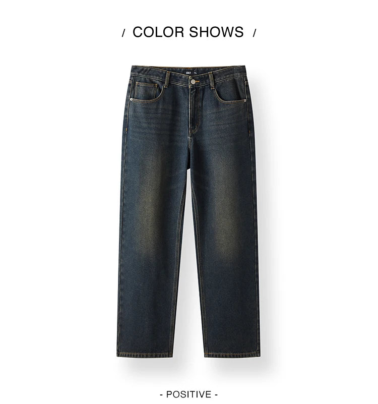 Vintage Washed Whiskered Loose Fit Straight Leg Jeans - Men's Classic Casual Denim
