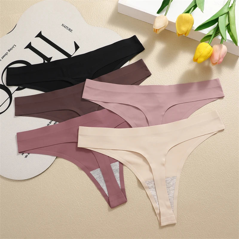 4Pcs Women's Seamless Thongs Breathable Panties Low-Waist Solid Underwear Stretch G-string Invisible T-Back Lingerie