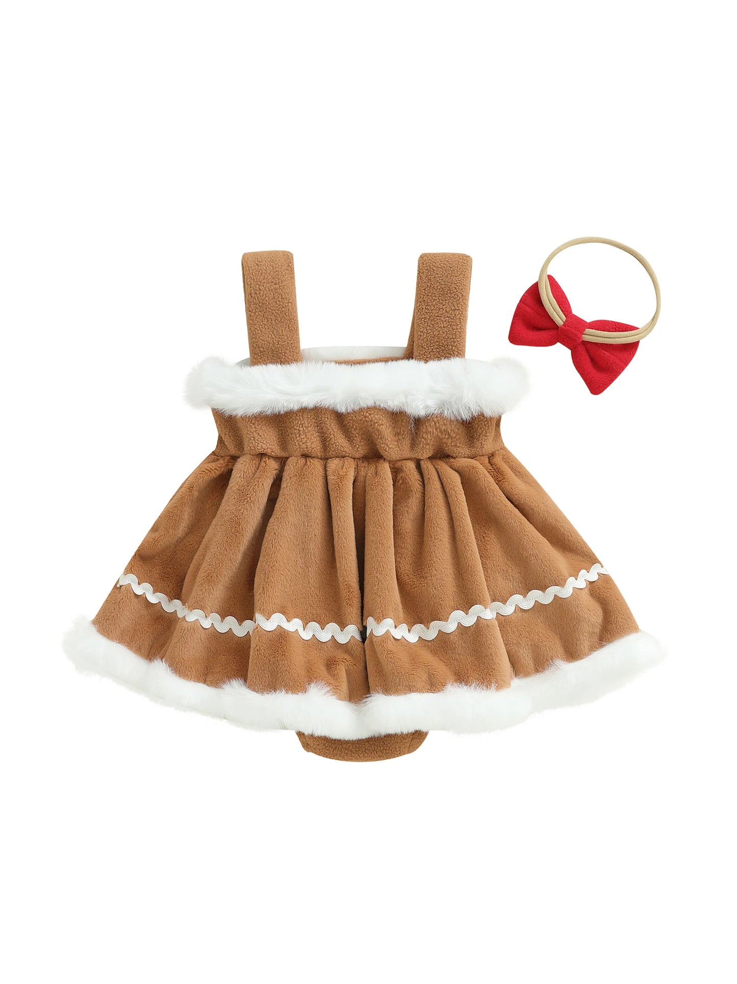 Baby Girls Princess Christmas Romper Dress with Bow Headband - Gingerbread Design
