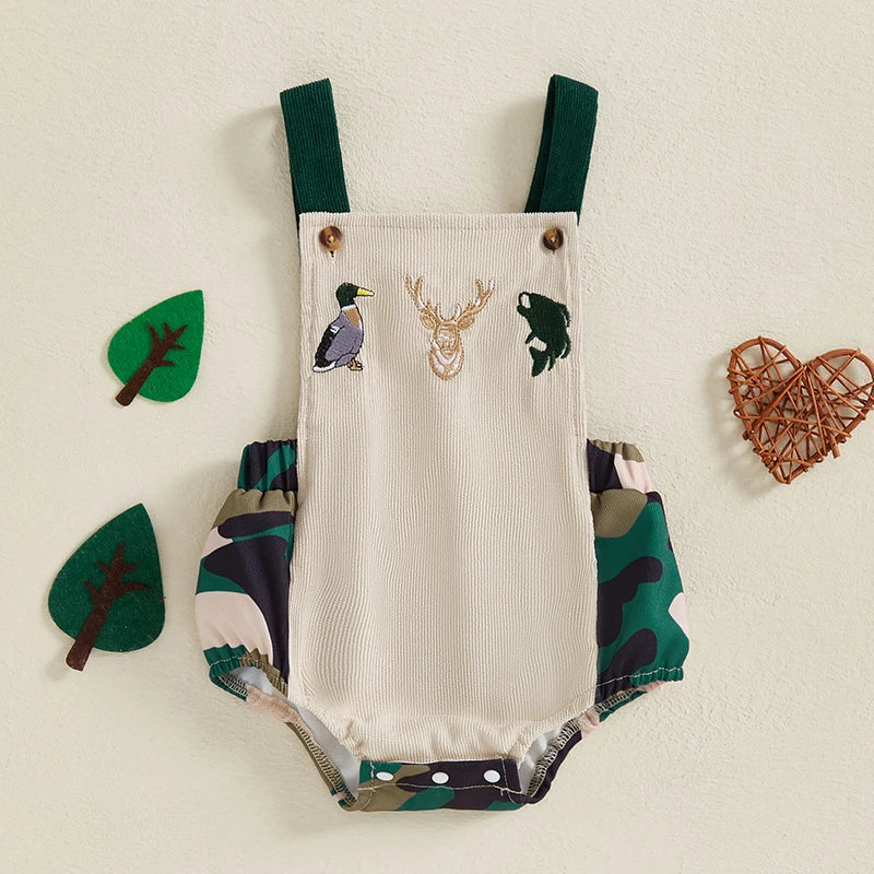 0-18M Baby Boys Romper Summer Sleeveless Square Neck Animal Embroidery Camouflage Print Newborn Overalls