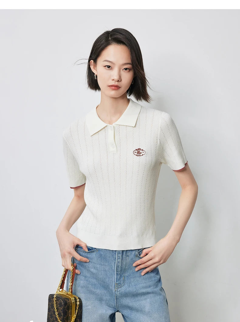 Women's Knitwear Contrast Color Hollow Out Polo Neck Short Sleeve Shirt