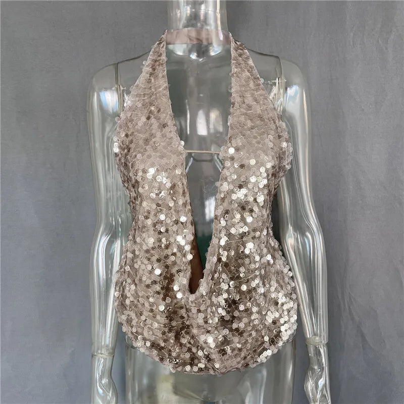 Women's Halter Deep V Neck Sequins Tank Cropped Top