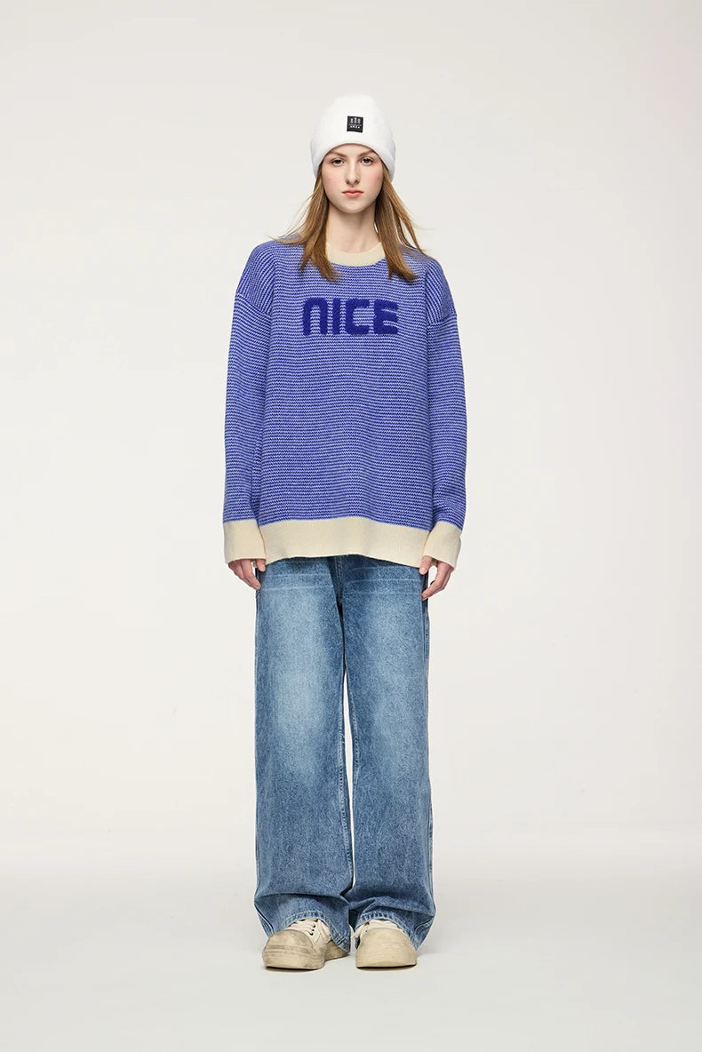 Unisex Letter Print Loose Knit Pullover Sweater