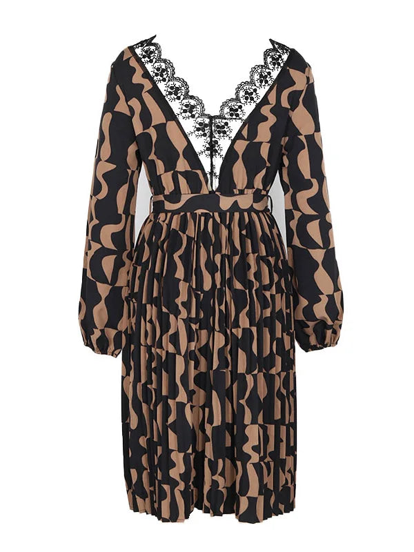 Women's Autumn Winter Long Sleeve Print Elegant V-neck Casual A-Line Knee-Length High Waist Dress