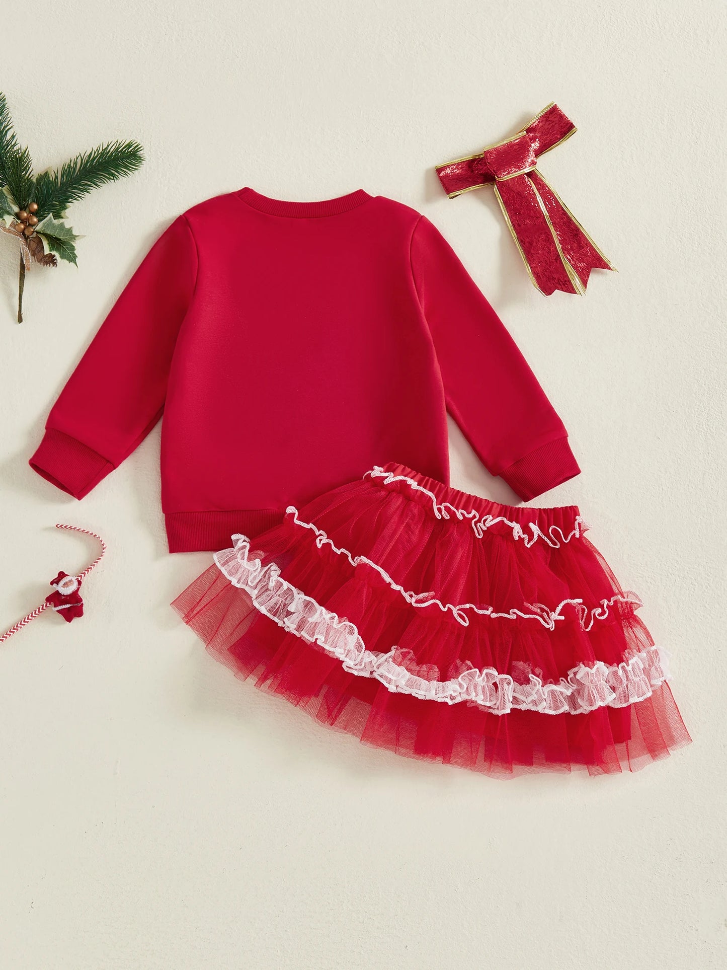 Kids Girls Christmas Outfit Set - Long Sleeve Xmas Embroidery Sweatshirt & Tulle Skirt (0-4Y)