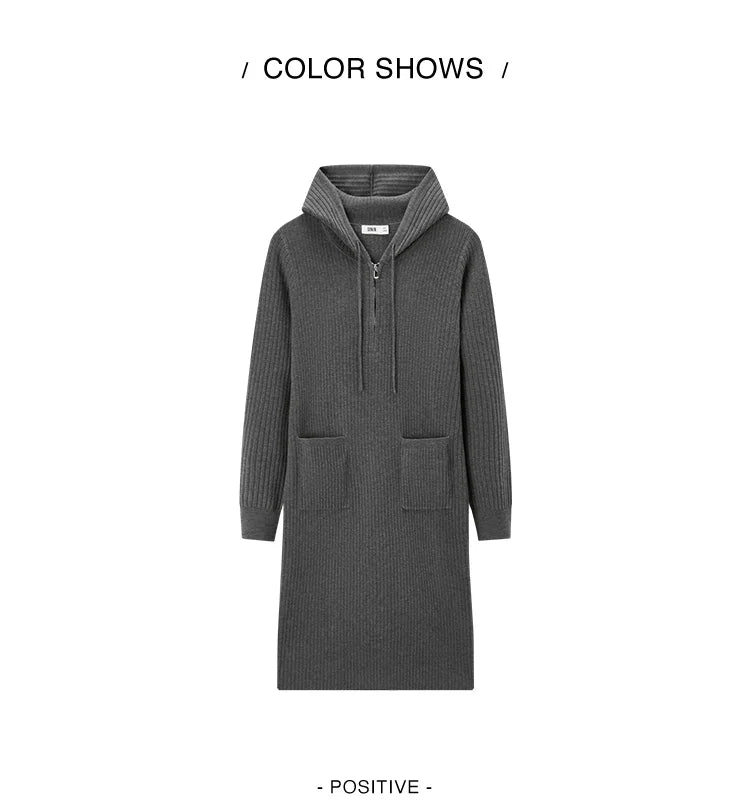 Women's Knit Hoodie Dress - Slim Fit Textured Mid-Length Winter Casual Style