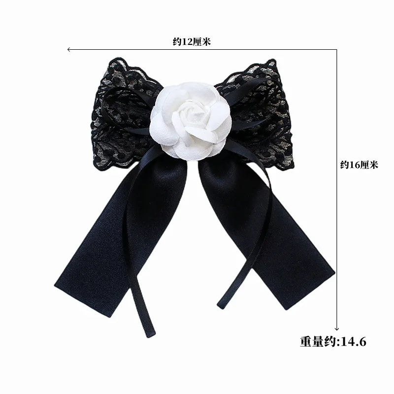 Black Fabric Bow Brooch - College Style Crystal Collar Pin