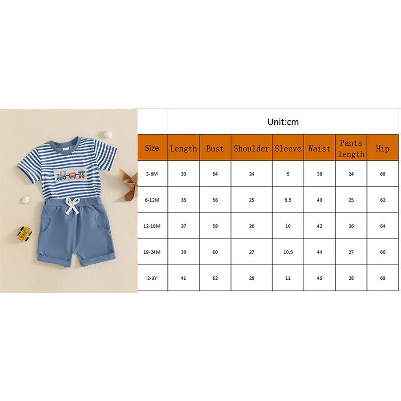 Summer Baby Boys Car Embroidery Outfit Set - Stripe Print T-Shirt & Elastic Waist Shorts (2-Piece)
