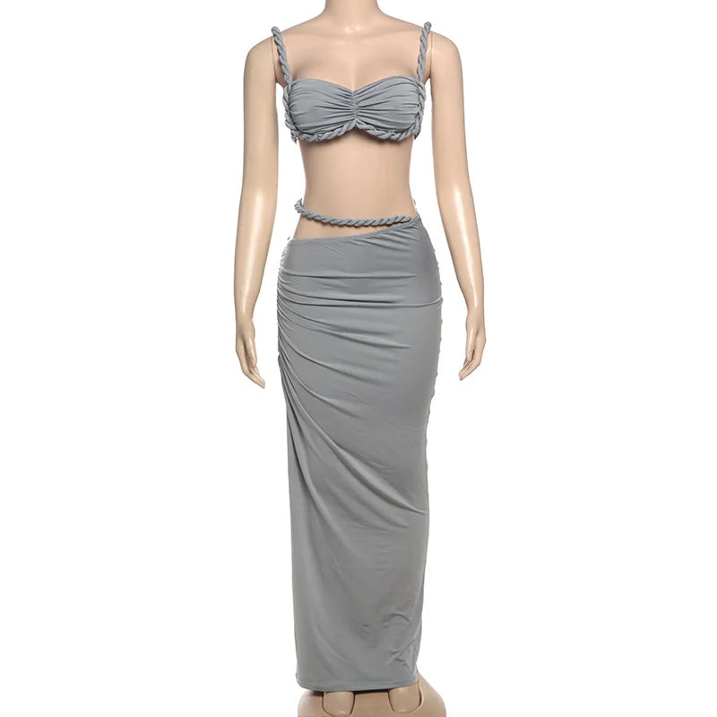 Women's Ruched Bandage 2 Piece Set Backless Decorative Cord Top and Skirt Dress Set