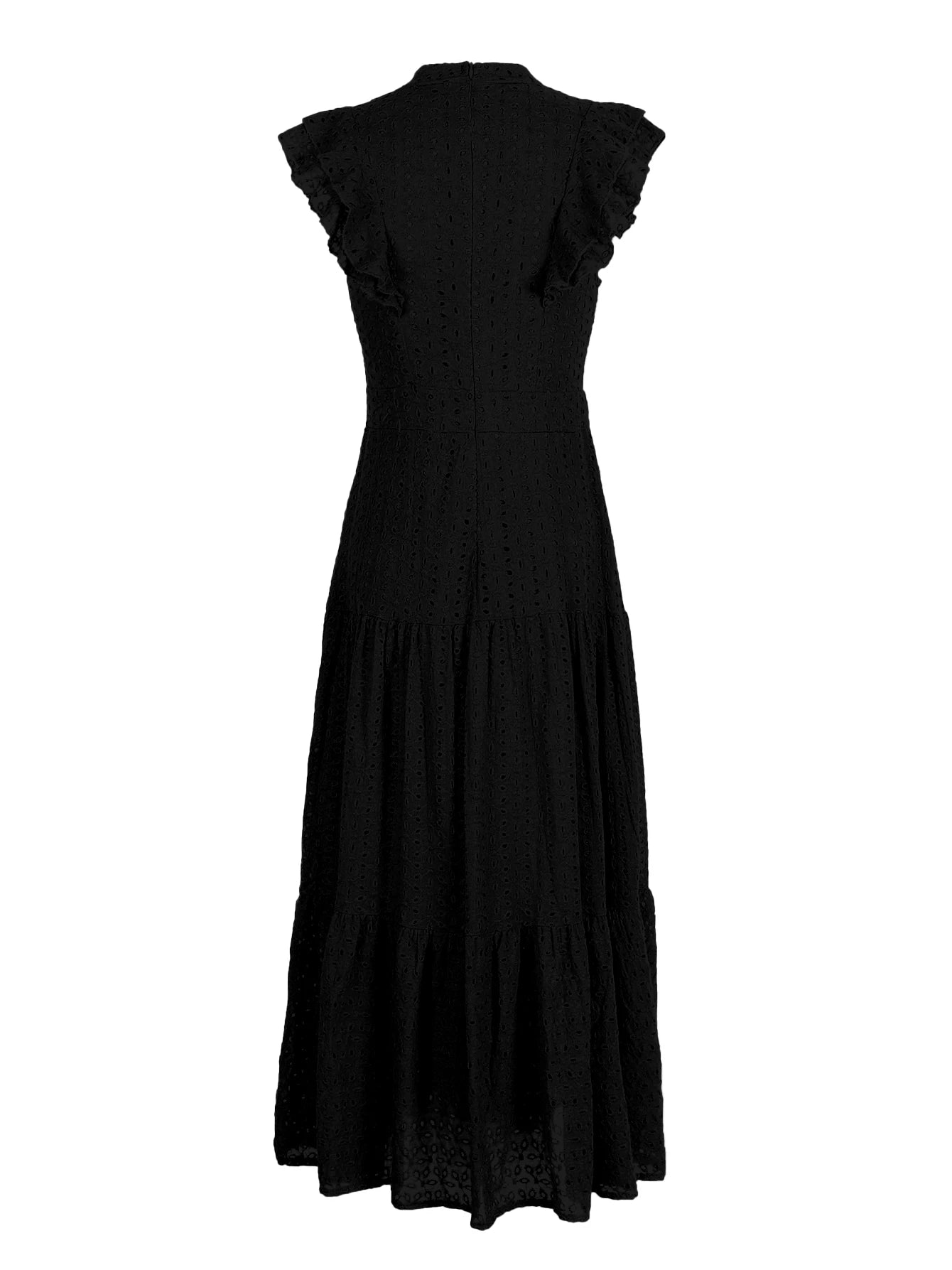 Women's Bohemian Hollow Out Elegant Round Neck Flying Sleeve Button Long Summer Dress