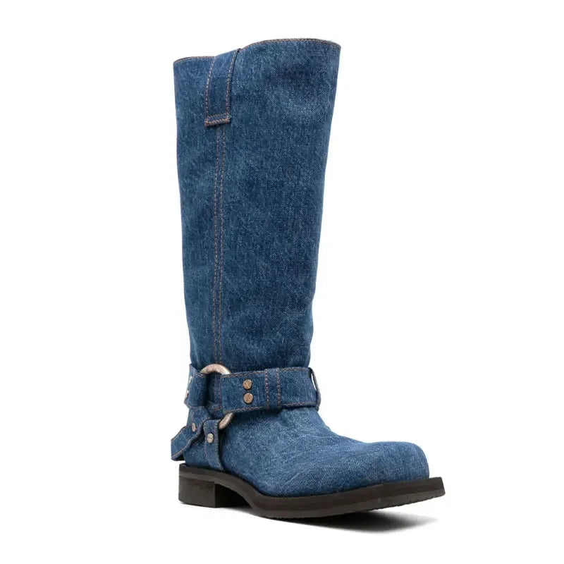 Women's Blue Cowboy Metal Ring Motorcycle Boots Belt Buckle Design 3.5cm Thick Heel Knight Boots Women's Square Head Fashion Boots 34-44