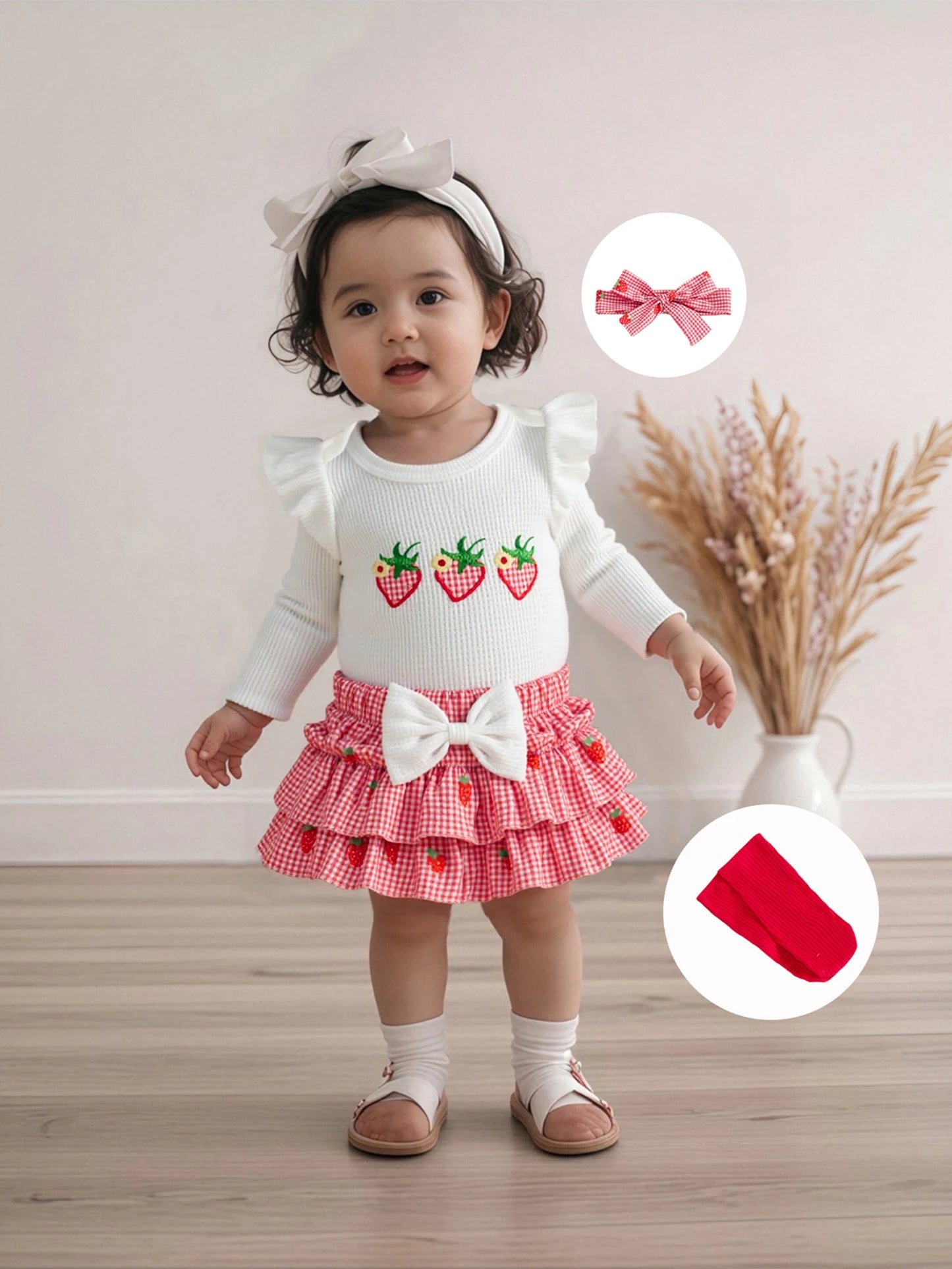 Baby Girls Strawberry Outfit Set - 4-Piece Long Sleeve Romper, Plaid Shorts, Headband & Socks (0-18M)
