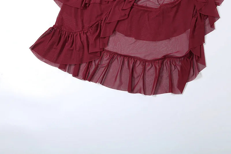 Women's Tierred Ruched Backless Mesh Sheer Maxi Front Cut Out Side Split Dress