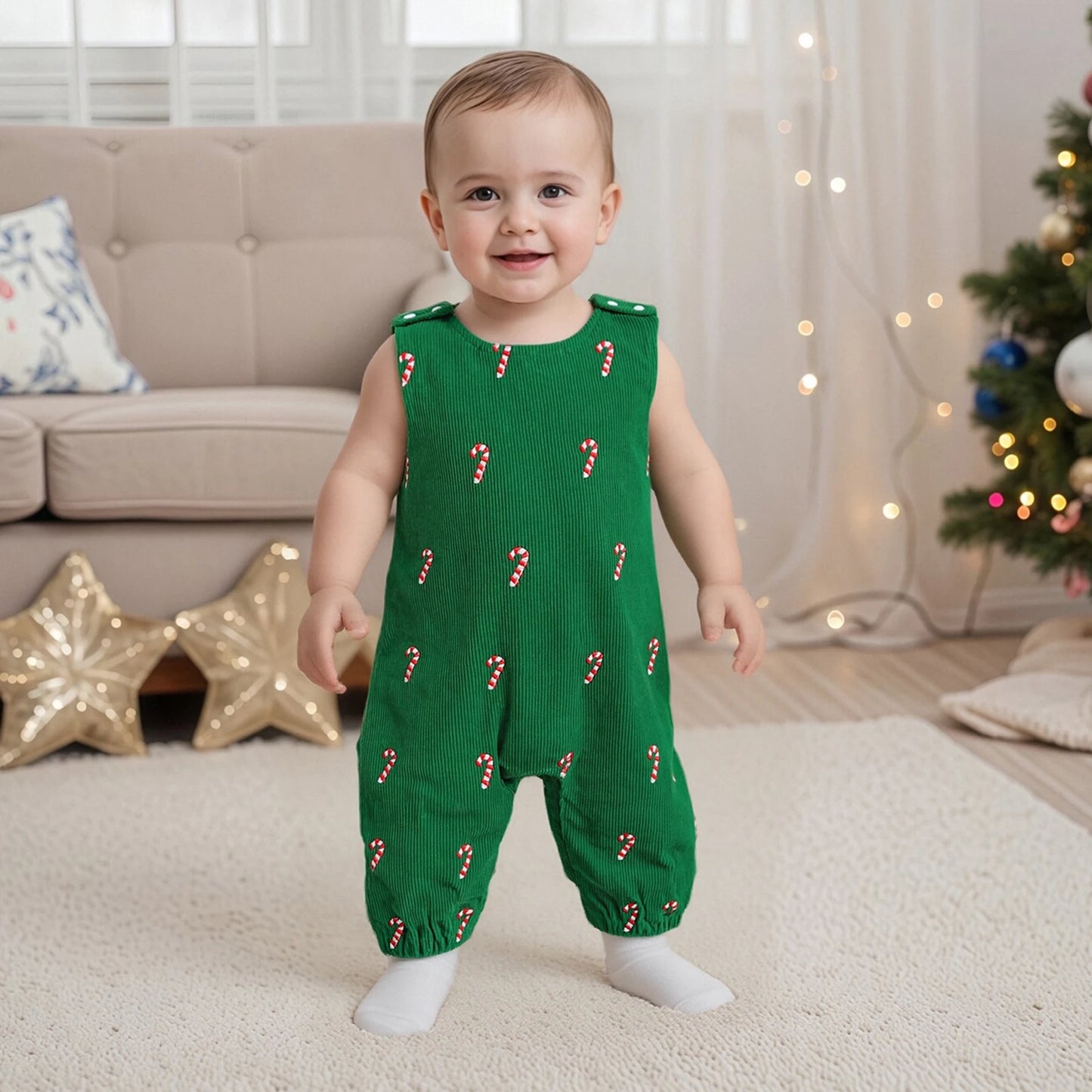 Newborn Baby Boys Christmas Romper - Sleeveless Round Neck Candy Cane Embroidery Jumpsuit