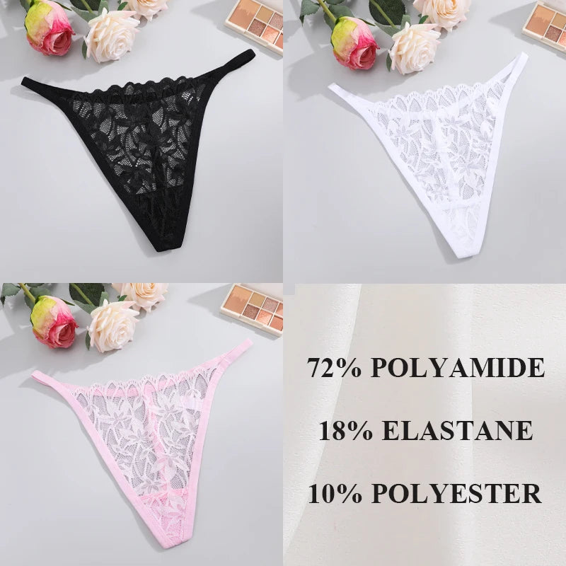 Women's 3Pcs/Set Lace Floral Thongs Hollow Out Underwear Low-Waist Perspective G-string Breathable Lingerie