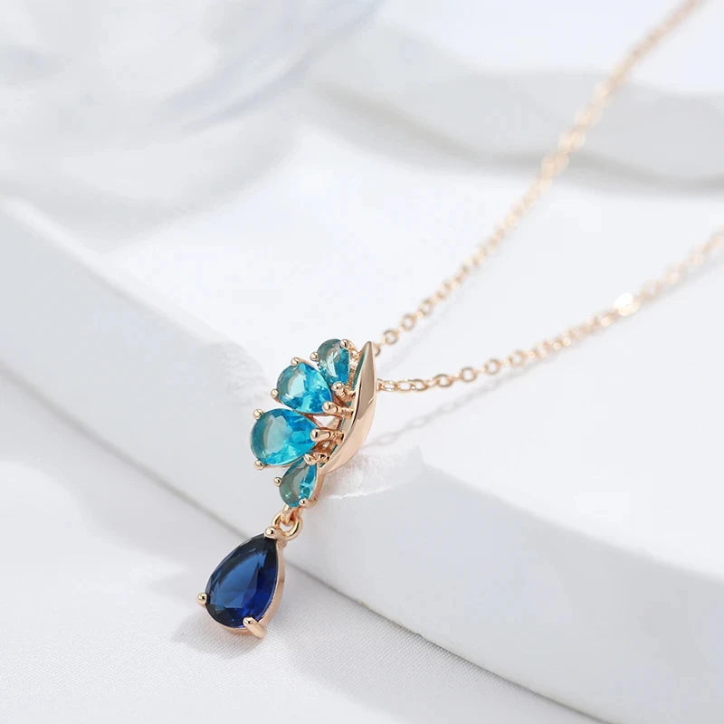 585 Rose Gold Colour Pendant Necklace for Women's Blue Natural Zircon