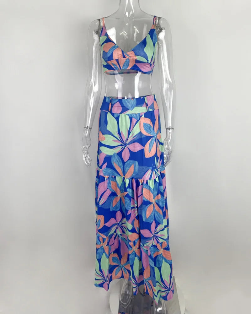 Women's Print Beach Two Piece Skirt White Bra High Waist A-line Long Skirt Beach Set