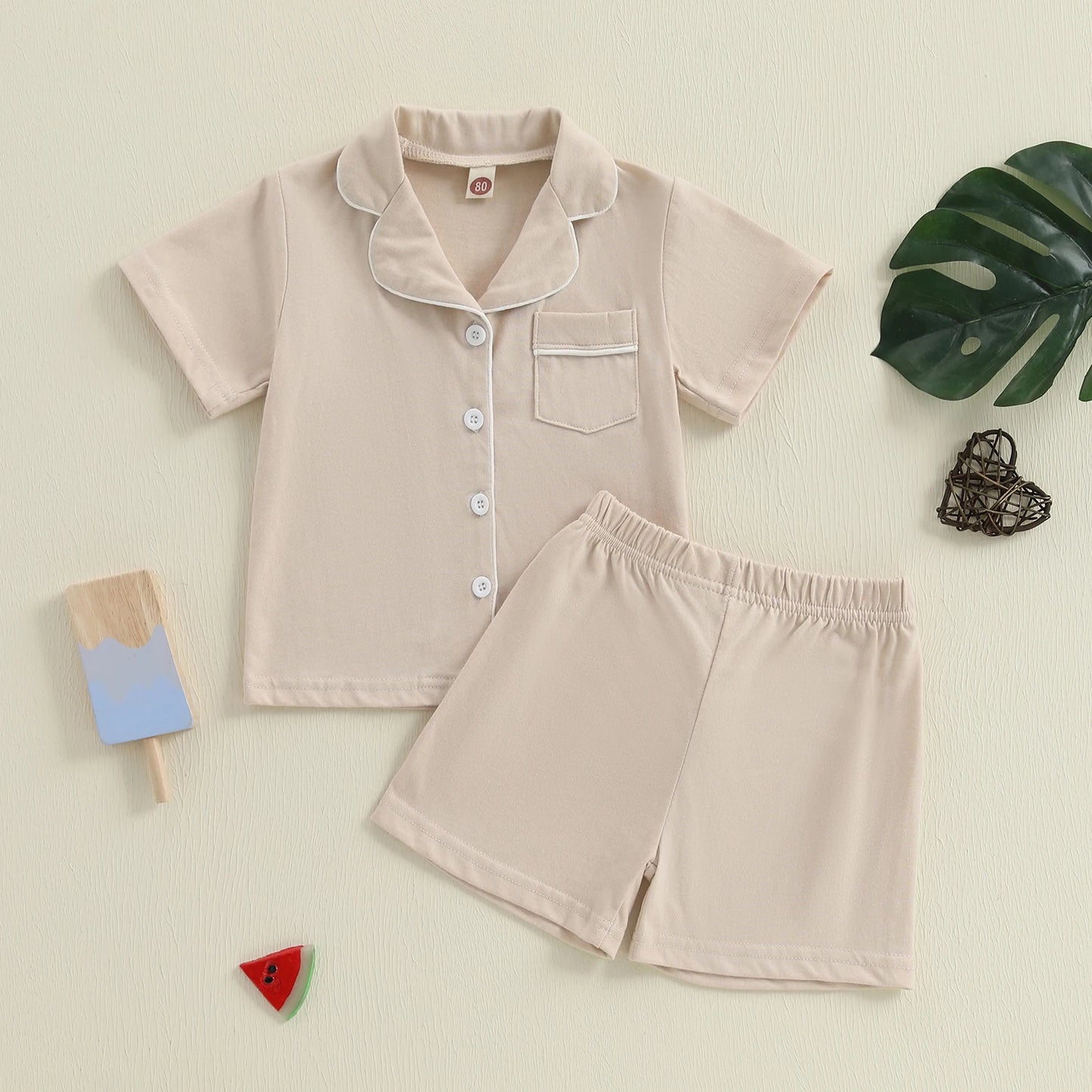 0-8Y Summer Toddler Kids Boys Girls Pyjamas Clothes Set Solid Contrast Trim Lapel Short Sleeve Button Down Tops Shorts