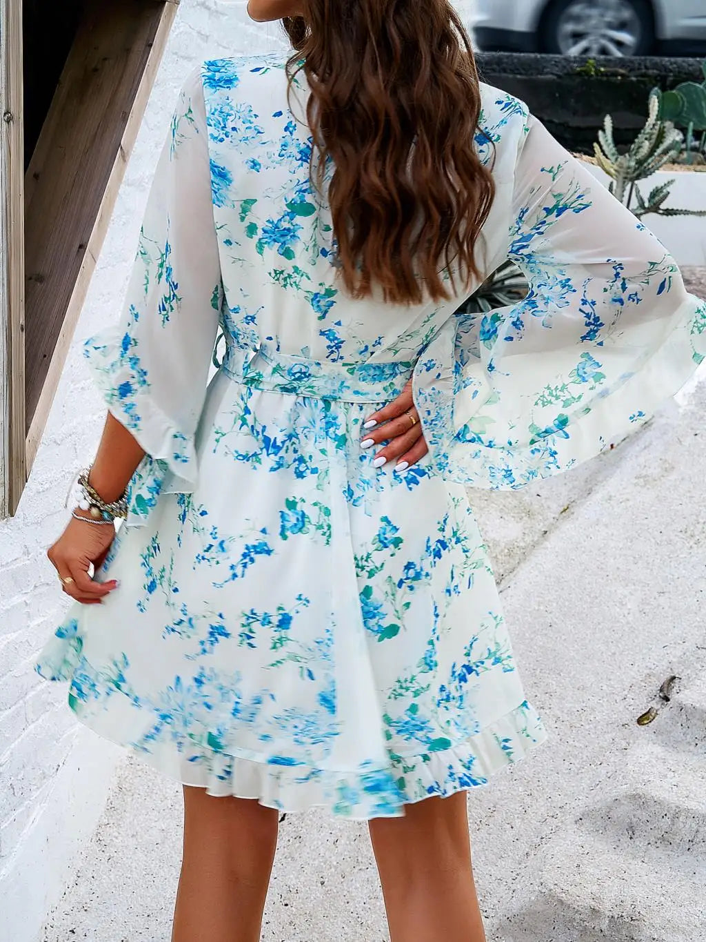 Women's Autumn Winter Half Sleeve Flower Print Elegant V-neck Casual A-Line Knee-Length High Waist Dress