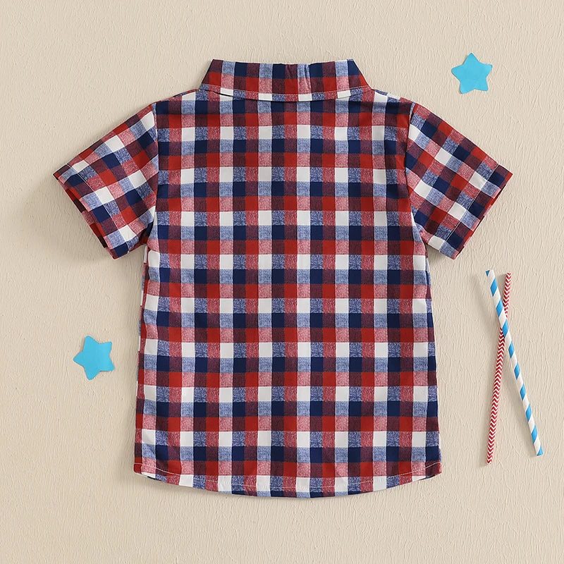 0-5Y American Flag Kids Boys Shirts Short Sleeve Plaid Print Button Down Shirts Toddler Summer Top