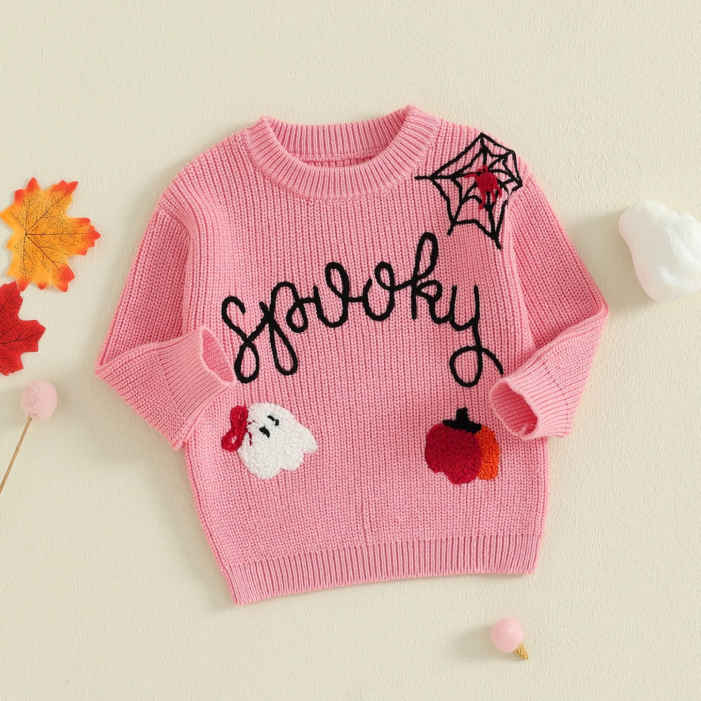 Baby Halloween Knit Sweater - Letter Ghost Pumpkin Spider Web Embroidery