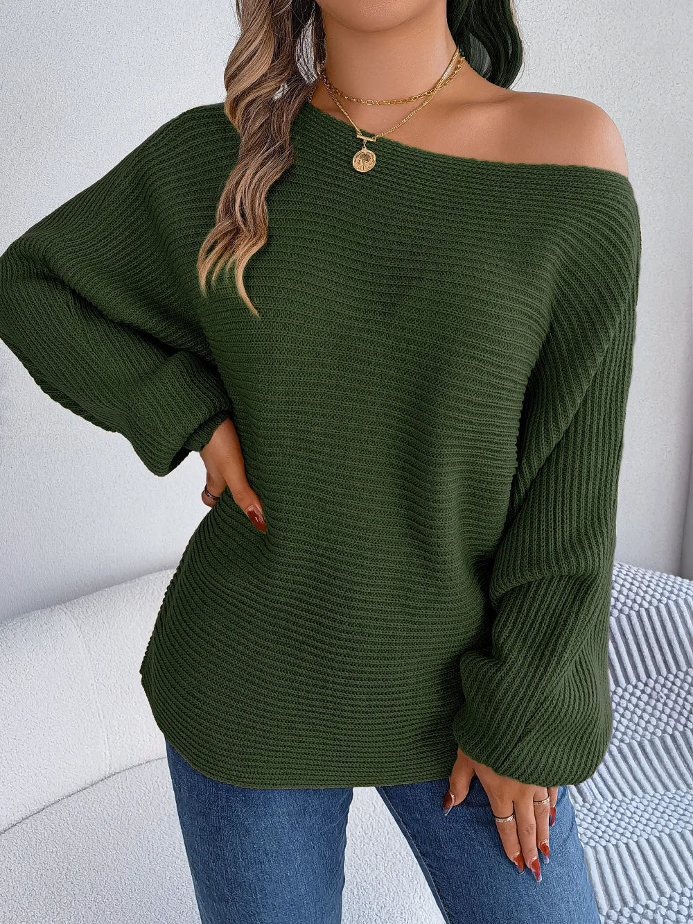 Women's Off the Shoulder Bat Sleeve Jumper - Stylish Winter Sweater