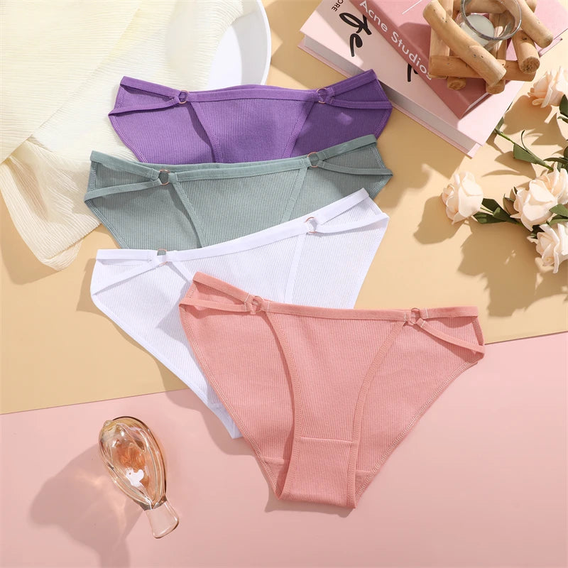Women's 4Pcs/Set Cotton Double Belts Underwear Metal Ring Panties Low Waist Striped Briefs Breathable Lingerie