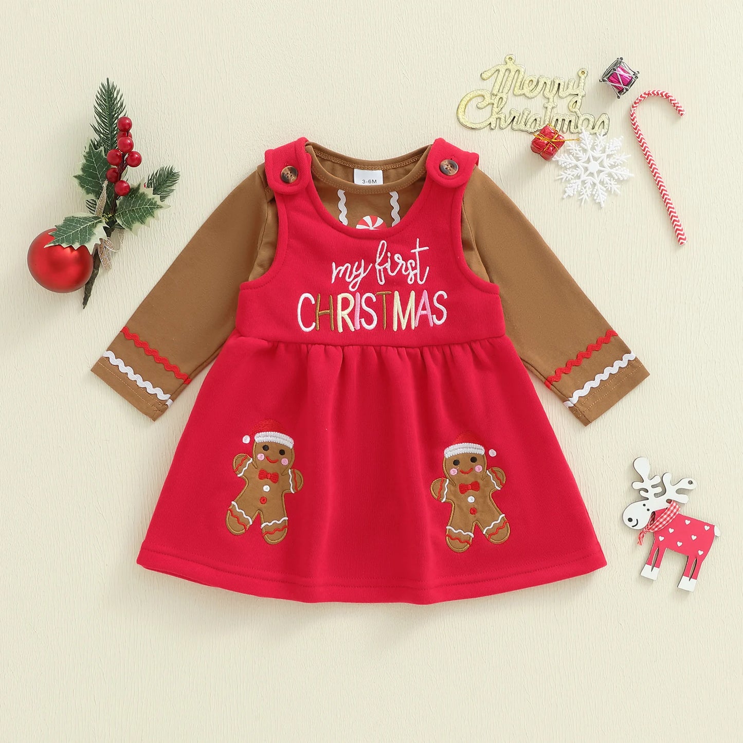 Baby Girls Christmas Clothes Set - Long Sleeve Romper & Gingerbread Man Embroidery Overalls Dress