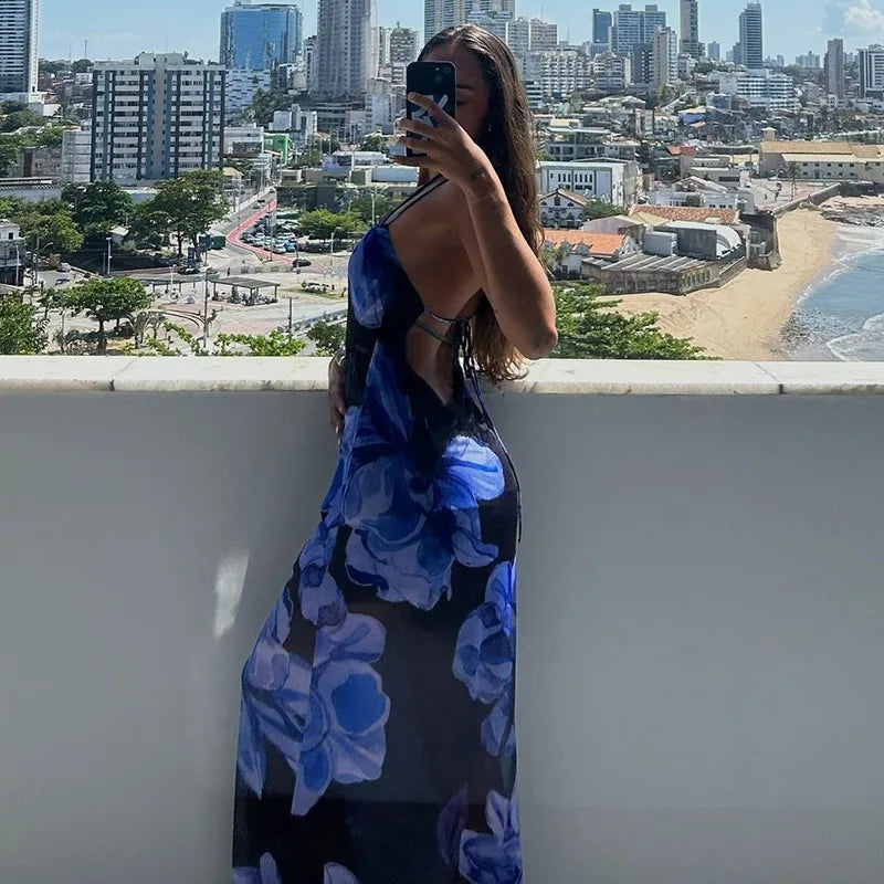Women's Halter Mesh Sheer Floral Print Sheer Maxi Backless Summer Party Bandage Dress