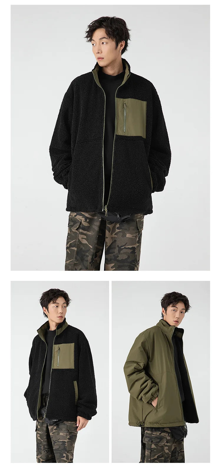 Unisex wool stand-up collar Double-sided two wear Thermal Jacket