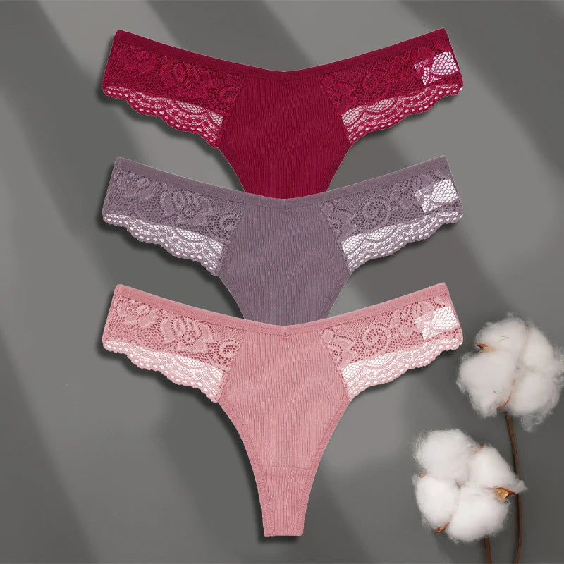 Cotton Lace Thongs - 3 Pack Low Waist Bikini Panties