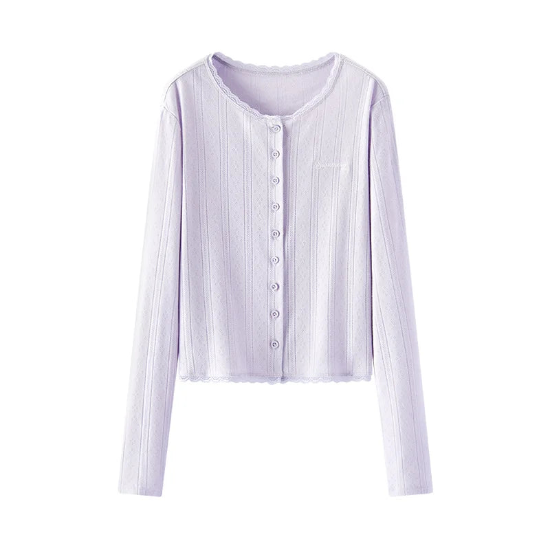 Women's Cropped Slim Fit Cardigan - Cotton Jacquard Embroidered Lace Trim