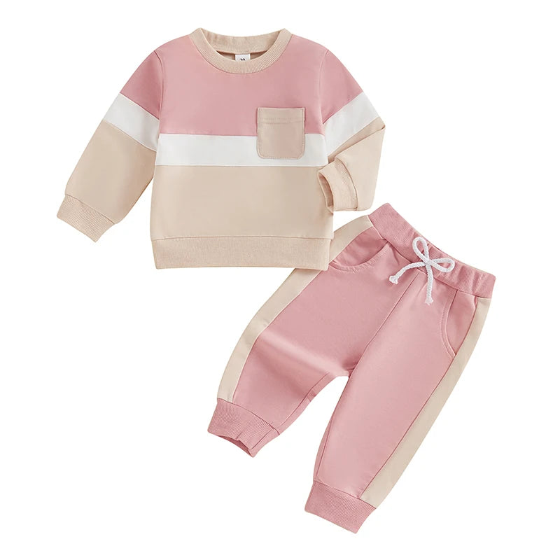0-4Y Toddler Kids Boys Girls Fall Clothes Sets Contrast Long Sleeve Sweatshirt Tops and Pants Set