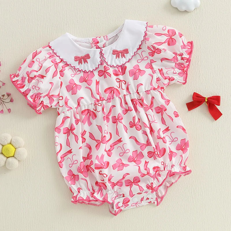 0-18M Summer Baby Girls Sweet Romper Short Sleeve Bow Embroidery Doll Collar Print Jumpsuit