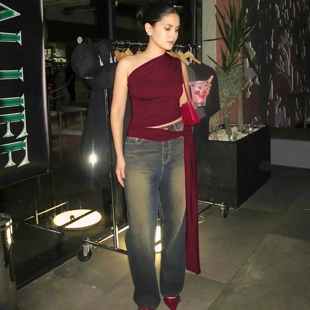 Women's One Shoulder Solid Lace Up Top Summer Outfit Backless Sleeveless Crop Tank Coquette