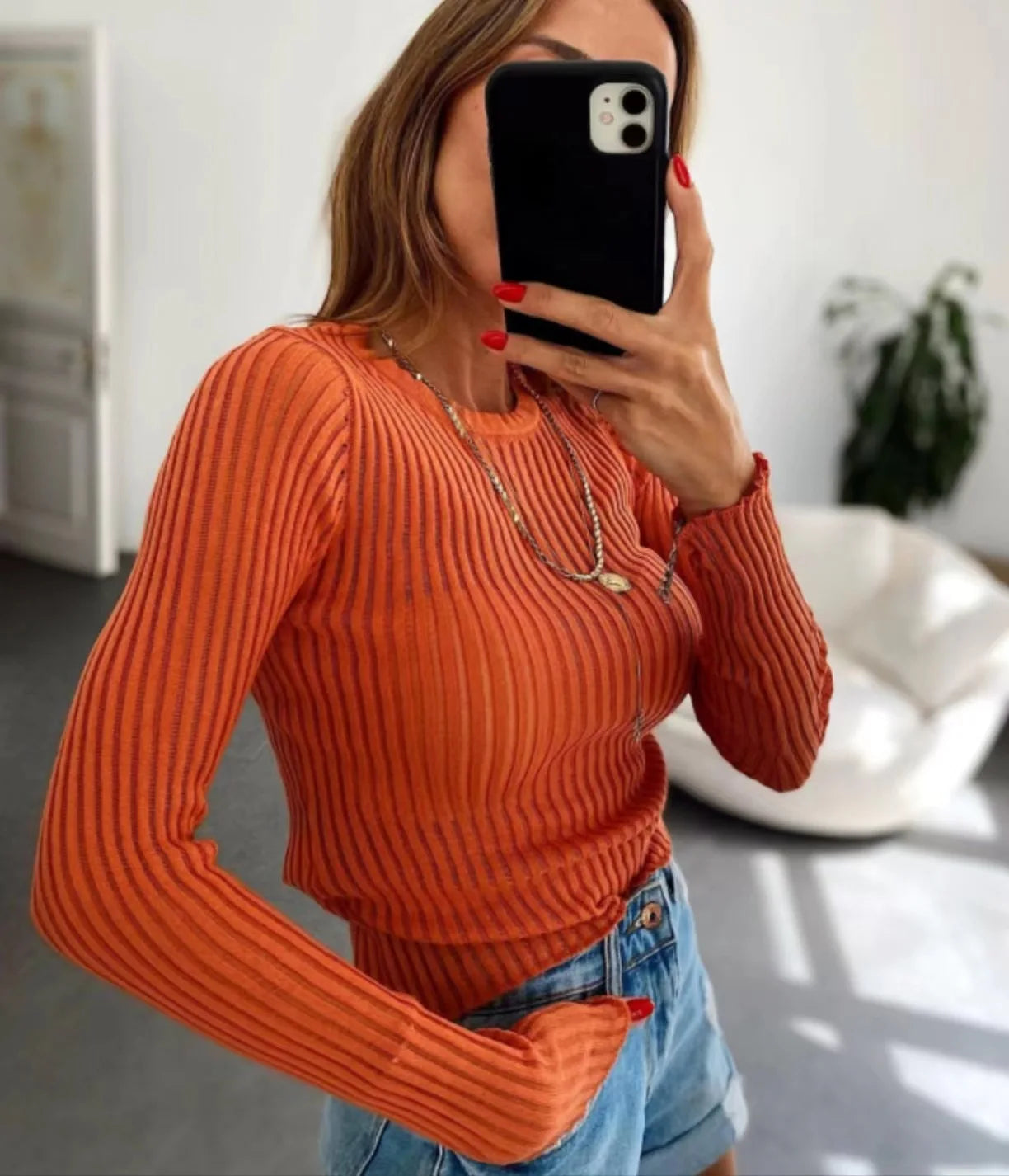 Women's Elegant Striped See Through Long Sleeve Top