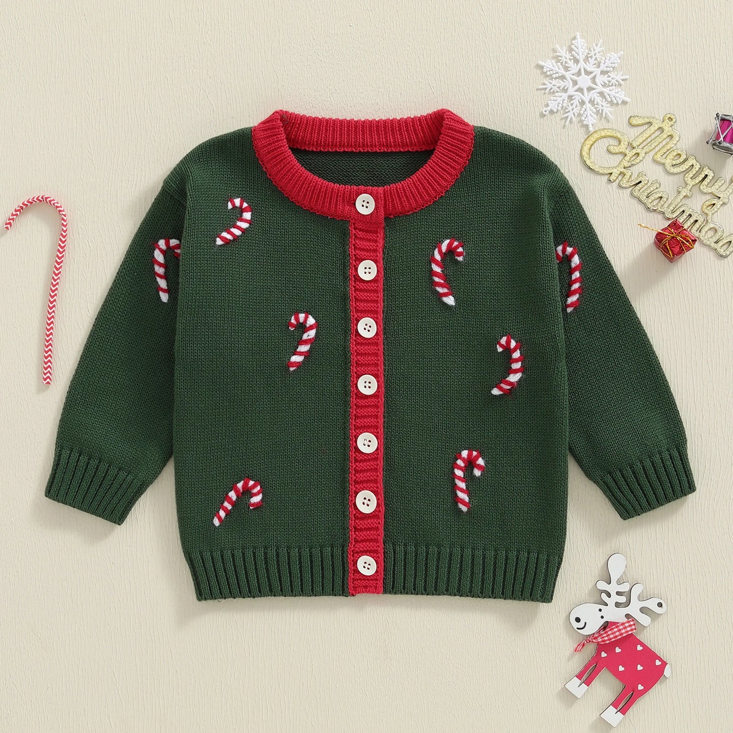 Toddler Baby Christmas Cardigan Sweater - Long Sleeve Button Down Candy Cane Embroidery