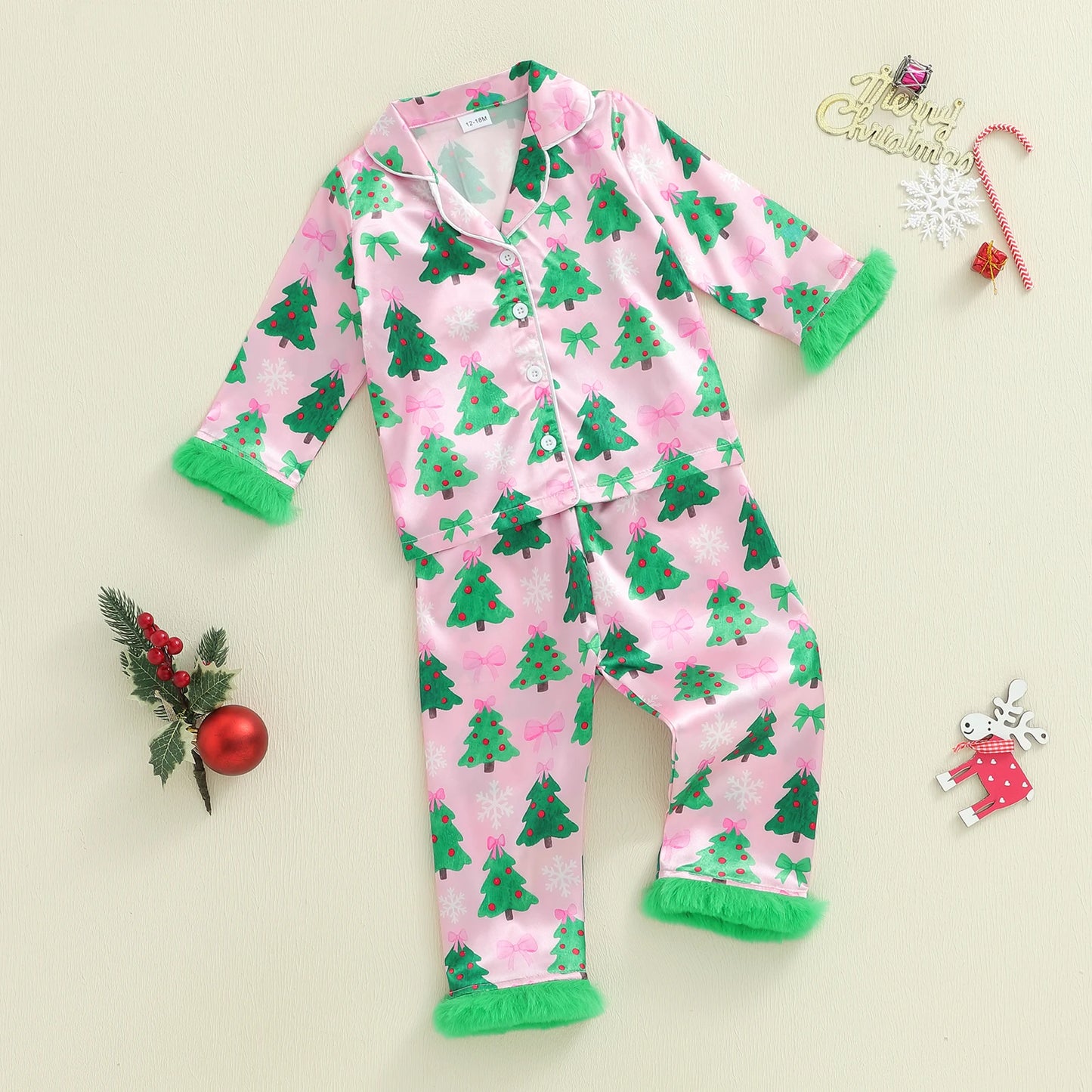 Kids Girls Christmas Satin Pyjamas Set - Tree Print Button Down Top & Pants (0-7Y)