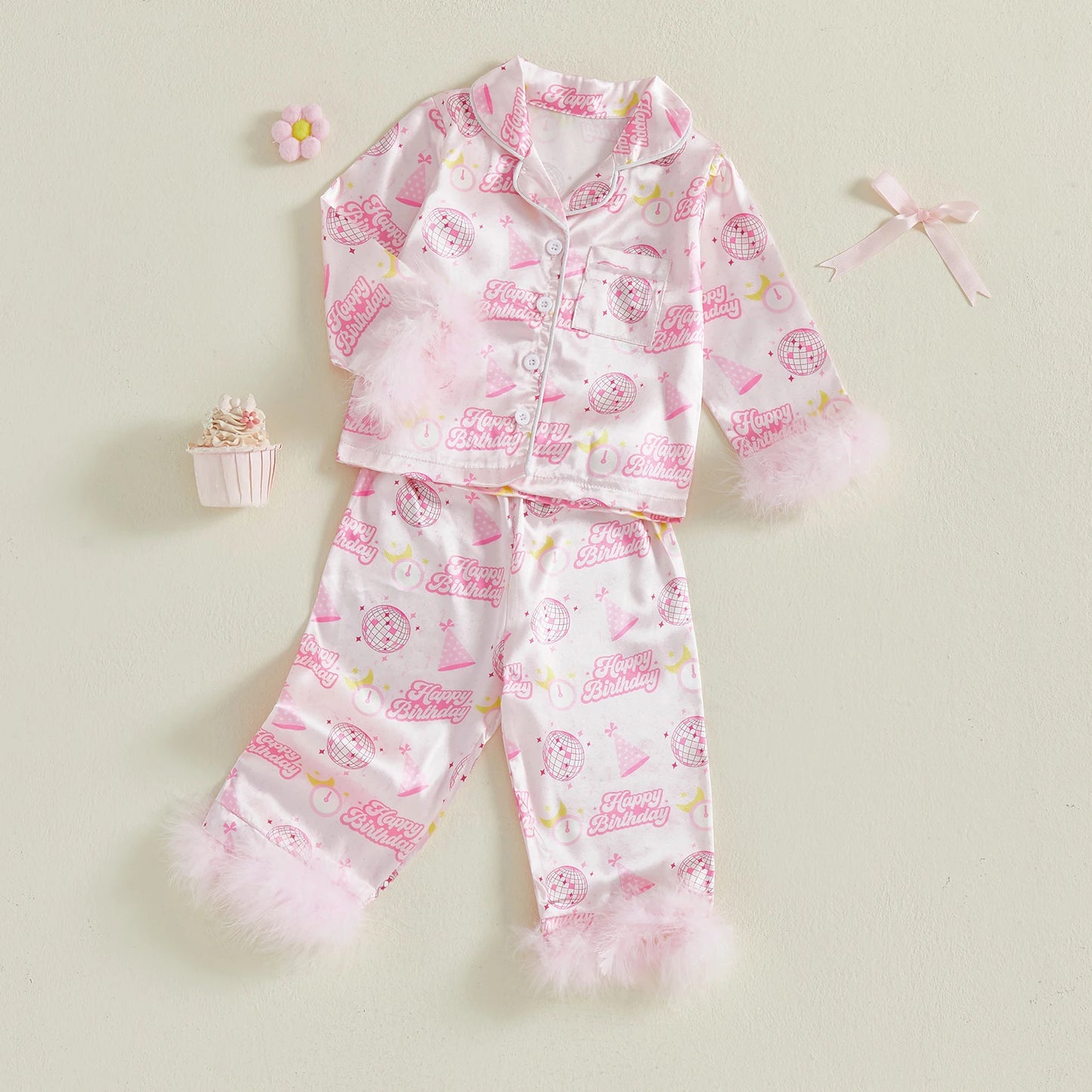 Kids Girls Pyjamas Set - Letter Ball Print Button Down Top & Pants (0-4Y)
