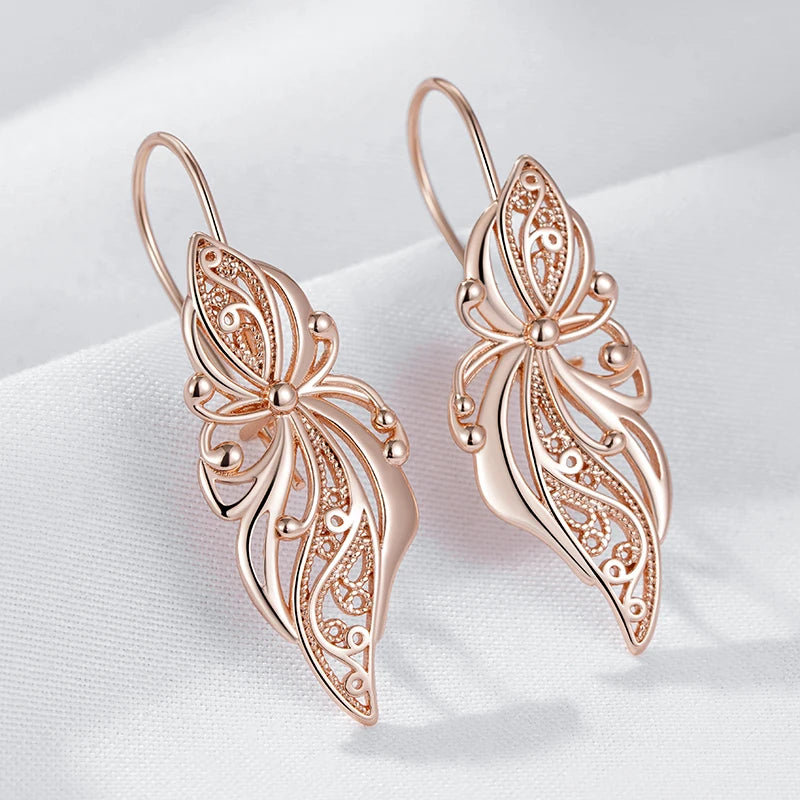 Glossy Rose Gold Dangle Earrings - Elegant Flower Design for Daily Wear