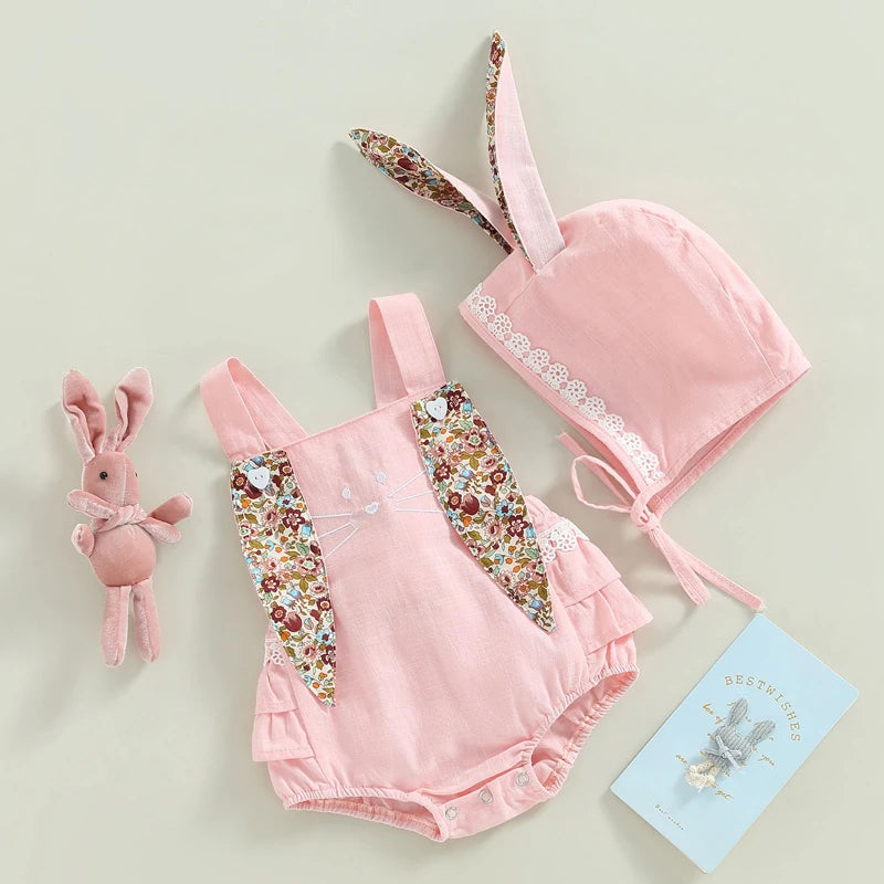 Easter Days Baby Girls Boys Romper 2pcs Cartoon Rabbit Floral Printed Sleeveless Bunny Ear Jumpsuit