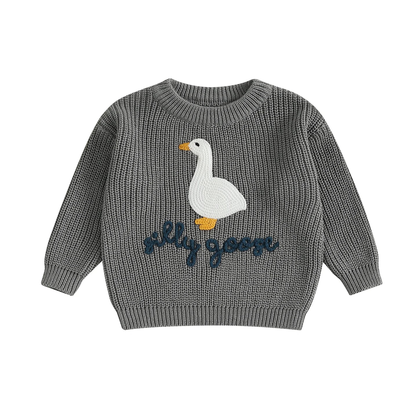 Toddler Baby Goose Sweater - Animal Letter Embroidered Crewneck Chunky Knit